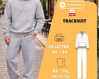 Mens Grey Tracksuit Sewing Pattern Hoodie Jogger Set PDF XS 5XL