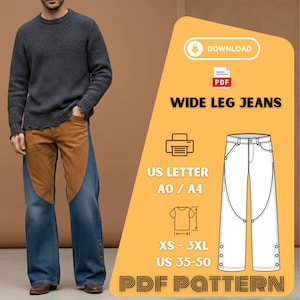May include: A PDF pattern for wide leg jeans, with the text "WIDE LEG JEANS". The pattern includes sizes XS-3XL and US sizes 35-50. The jeans in the image are blue denim with brown panels and button details.
