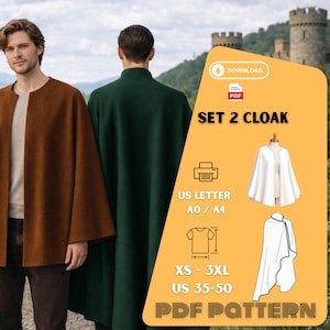 Può includere: Due persone indossano mantelli marroni e verdi. Un'illustrazione digitale mostra un mantello bianco su un manichino e un disegno al tratto di un mantello. L'immagine include il testo "SET 2 CLOAK", "US LETTER", "XS - 3XL", "US 35-50" e "PDF PATTERN".