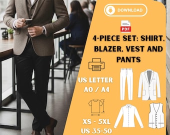 PDF - Patron de couture de costume pour homme - Chemise, blazer, gilet et pantalon - XS à 5XL
