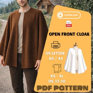 Pode incluir: Um manto marrom com frente aberta, usado sobre uma camisa clara e calças escuras. A imagem inclui um gráfico com o texto "OPEN FRONT CLOAK" e "PDF PATTERN", juntamente com detalhes de tamanho.