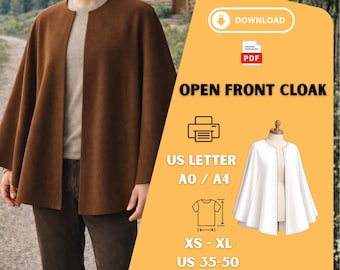 Open Front Cloak Sewing Pattern PDF – Unisex Cape XS–XL, Printable A0 A4 Letter