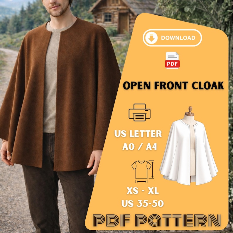Open Front Cloak Sewing Pattern PDF – Unisex Cape XS–XL, Printable A0 ...