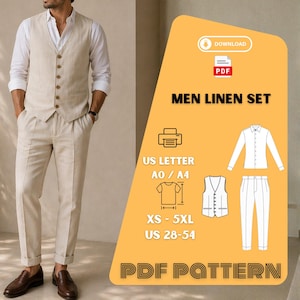 Könnte beinhalten: Beigefarbener Leinenanzug, bestehend aus Weste, Hose und weißem Hemd. Das Bild enthält auch eine Diagramm der Anzugkomponenten und den Text "MEN LINEN SET", "US LETTER", "XS - 5XL" und "US 28-54".