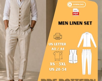 Conjunto de patrones de costura digitales en PDF para chaleco y pantalón de lino para hombre, tallas XS a 5XL.