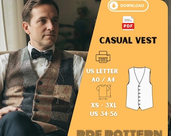 Men's Patchwork Vest Sewing Pattern PDF – Casual Waistcoat A4 A0 Printable XS–3XL