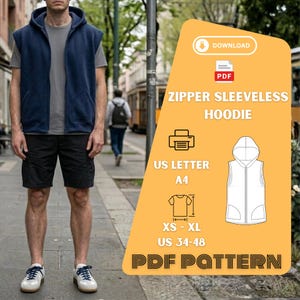 May include: A person wearing a navy blue sleeveless hoodie with a zipper, gray t-shirt, and black shorts. The image includes a PDF pattern graphic with the text "ZIPPER SLEEVELESS HOODIE", sizes XS-XL, and US sizes 34-48.