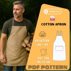 Może przedstawiać: Beżowy bawełniany fartuch z dużą przednią kieszenią i brązowymi paskami. Fartuch jest noszony przez osobę trzymającą drewno opałowe. Obraz zawiera również grafikę z tekstem "COTTON APRON" i "PDF PATTERN".