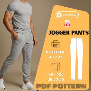 May include: A person wearing a gray t-shirt and matching jogger pants. The image includes a graphic with the text "JOGGER PANTS", size information, and a PDF download icon. The pants are shown in a white line drawing.