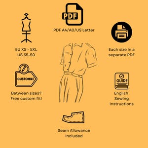 Peut inclure: Dessin au trait d'une chemise &agrave; manches courtes et d'un pantalon, avec du texte indiquant les d&eacute;tails du patron PDF. Comprend les tailles EU XS-5XL et US 35-50. Comprend l'option "Personnaliser" pour un ajustement personnalis&eacute; et des instructions de couture en anglais.