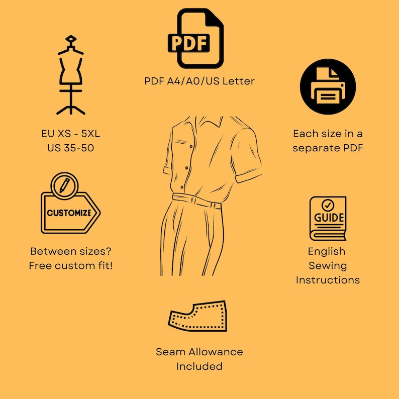 Peut inclure: Dessin au trait d'une chemise &agrave; manches courtes et d'un pantalon, avec du texte indiquant les d&eacute;tails du patron PDF. Comprend les tailles EU XS-5XL et US 35-50. Comprend l'option "Personnaliser" pour un ajustement personnalis&eacute; et des instructions de couture en anglais.