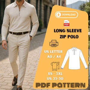 Herren Quarter Zip Pullover Schnittmuster PDF | Moderner Polo Pullover Digital Download | XS - 5XL bedruckbar, A0 US Letter Casual Luxe