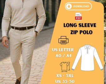 Mens Quarter Zip Sweater Sewing Pattern PDF | Modern Polo Pullover Digital Download | XS–5XL Printable A0 US Letter Casual Luxe