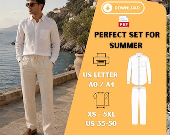 Cartamodello PDF per camicia e pantaloni da uomo in lino, taglie XS-5XL, completo estivo casual.