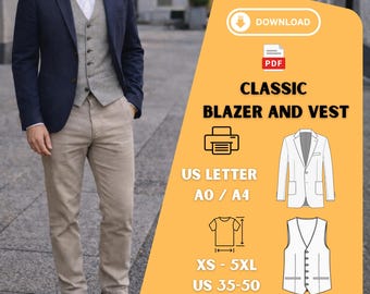 Men’s Blazer and Vest Sewing Pattern PDF – Classic Fit XS–5XL A0 A4 Letter