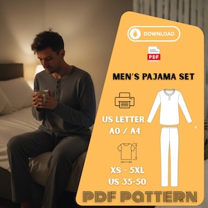 Op de afbeelding: Een grijze pyjamaset met een top met lange mouwen en een broek. De afbeelding bevat een PDF-patroon met maatopties van XS tot 5XL en US maten 35-50. De tekst op de afbeelding luidt "MEN'S PAJAMA SET" en "PDF PATTERN".