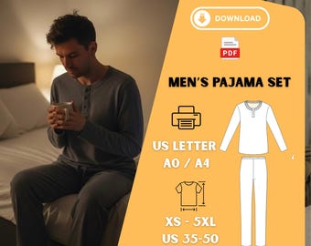 Men’s Pajama PDF Pattern – Long Sleeve Loungewear Set, Printable A0 A4 US Letter