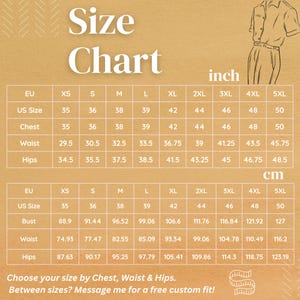 Peut inclure: Un tableau des tailles avec des mesures en pouces et en centim&egrave;tres. Le tableau comprend des tailles de XS &agrave; 5XL, avec des mesures de poitrine, de taille et de hanches. Le texte encourage les clients &agrave; contacter pour un ajustement personnalis&eacute;.