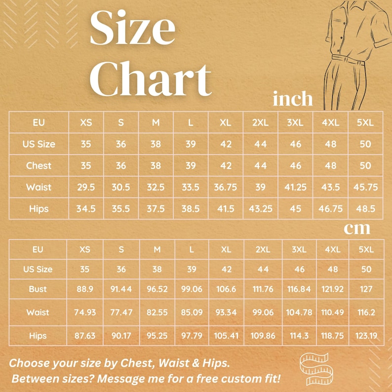 Peut inclure: Un tableau des tailles avec des mesures en pouces et en centim&egrave;tres. Le tableau comprend des tailles de XS &agrave; 5XL, avec des mesures de poitrine, de taille et de hanches. Le texte encourage les clients &agrave; contacter pour un ajustement personnalis&eacute;.