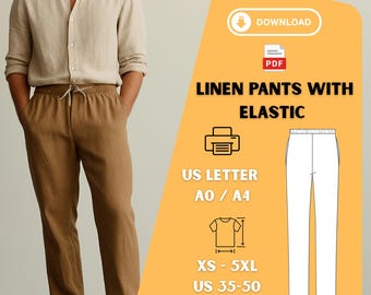 Men's Linen Lounge Pants Sewing Pattern: Relaxed Fit, XS-5XL (PDF Download, A0/Letter Format)