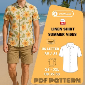 Puede incluir: Una persona lleva una camisa de lino de manga corta con un estampado floral amarillo y pantalones cortos color caqui. La imagen incluye el texto "LINEN SHIRT SUMMER VIBES" y "PDF PATTERN".