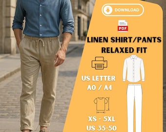 Relaxed Fit Linen Shirt and Pants Sewing Pattern PDF – Men's Casual Set XS-5XL – Digital Download A0 US Letter Printable Template