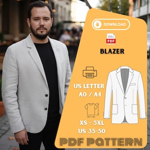 Op de afbeelding: Een lichtgrijze blazer met een sluiting met twee knopen, gedragen over een zwart shirt. Een oranje afbeelding toont een blazerpatroon, het woord "BLAZER" en tekst met de maten XS-5XL en US 35-50. De afbeelding bevat ook de woorden "PDF PATTERN".