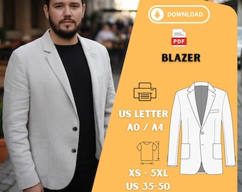 Men’s Classic Blazer Sewing Pattern PDF | Tailored Jacket Pattern XS–5XL | Printable A4 A0 US Letter