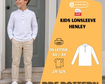 Cartamodello PDF per maglietta Henley a maniche lunghe per bambini, modello per maglietta da bambino