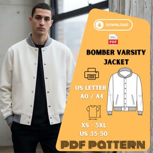 Bomber Varsity Jacket Sewing Pattern PDF – Men's XS-5XL, A0 A4 US Letter Printable Pattern