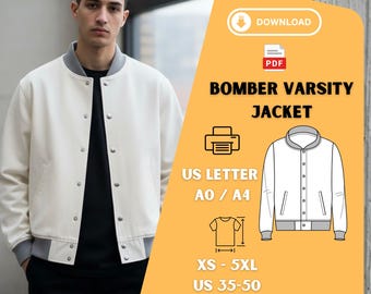 Bomber Varsity Jacket Sewing Pattern PDF – Men's XS-5XL, A0 A4 US Letter Printable Pattern