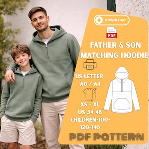 May include: A father and son in matching sage green hoodies with a half-zip and front pocket. The image features a graphic with the text "FATHER & SON MATCHING HOODIE" and size details in cm.