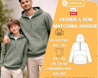 Father Son Matching Hoodie Sewing Pattern PDF Half Zip Pullover