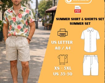 Mens Linen Shirt Shorts Sewing Pattern Tropical Floral Summer Outfit PDF
