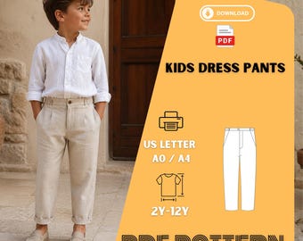 Patrón de pantalones de vestir de lino para niños en PDF con cintura elástica. Patrón de costura para pantalones de niño.