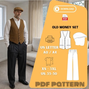 May include: A man wearing a brown vest, white shirt, and dark gray pleated trousers. He is also wearing a brown cap. The image includes a PDF pattern graphic with the text "OLD MONEY SET" and size details for XS-5XL and US 35-50.