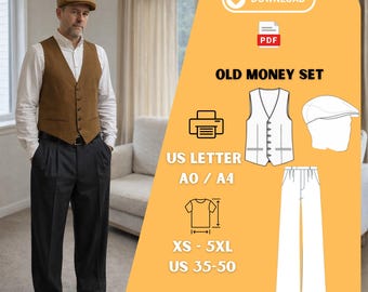 Vintage Men's Vest Pants Cap Sewing Pattern PDF – Old Money Style Suit Set XS-5XL