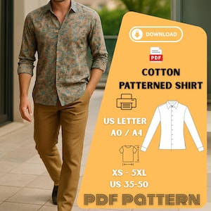 Può includere: Una camicia di cotone fantasia con maniche lunghe, abbinata a pantaloni marroni. La camicia presenta un motivo floreale nei toni del verde e del marrone. L'immagine include una grafica con il testo "COTTON PATTERNED SHIRT" e informazioni sulle taglie.