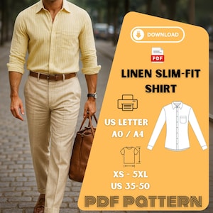 Könnte beinhalten: Ein Mann in einem hellgelben Leinen-Slim-Fit-Hemd und beigefarbener Hose, der eine braune Ledertasche trägt. Das Bild enthält eine Grafik mit dem Text "LINEN SLIM-FIT SHIRT" und Größenangaben für XS-5XL und US 35-50. Die Grafik sagt auch "PDF PATTERN".