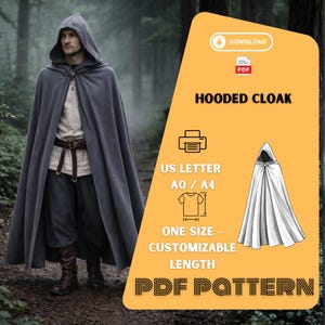 以下が含まれることがあります： 森の中に立っている、留め金付きのグレーのフード付きマントを着た人。画像には、「HOODED CLOAK」、「US LETTER」、「ONE SIZE - CUSTOMIZABLE LENGTH」、および「PDF PATTERN」というテキストを含むグラフィックが含まれています。