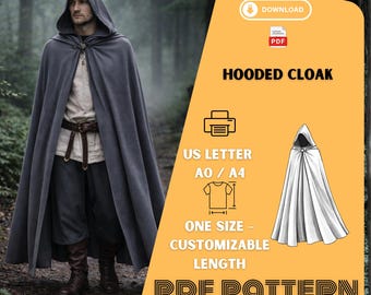 Medieval Hooded Cloak Sewing Pattern PDF Printable Fantasy Cape Cosplay Costume