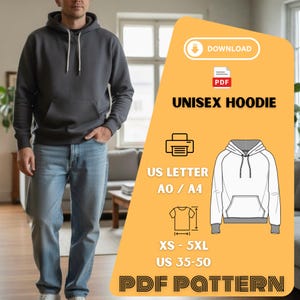 Może przedstawiać: Ciemnoszara bluza z kapturem unisex z przednią kieszenią i kapturem ze sznurkiem. Obraz zawiera grafikę wzoru PDF z tekstem "UNISEX HOODIE", "US LETTER", "XS - 5XL" i "US 35-50".
