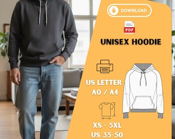 Unisex Hoodie Sewing Pattern PDF – XS to 5XL, A0 A4 US Letter Sizes