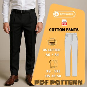 Può includere: Pantaloni neri in cotone con cintura, abbinati a scarpe marroni. L'immagine include un grafico del modello PDF con il testo "COTTON PANTS", taglie XS-5XL e taglie US 35-50.