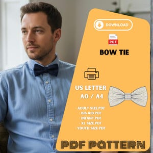 May include: A navy blue bow tie is worn with a light blue button-down shirt. The image includes a yellow graphic with the text "BOW TIE" and "PDF PATTERN". The graphic also lists sizes for adult, big kid, infant, XL, and youth.