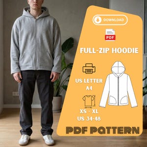 Può includere: Una persona indossa una felpa con cappuccio grigia con zip intera, cappuccio e tasche anteriori, abbinata a pantaloni cargo grigio scuro e scarpe da ginnastica bianche. L'immagine include un grafico del modello PDF con il testo "FULL-ZIP HOODIE".