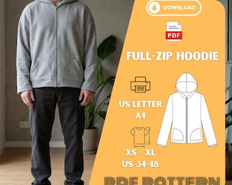Full Zip Hoodie Sewing Pattern PDF XS XL Unisex
