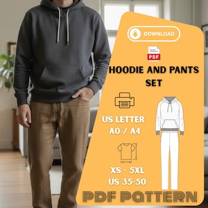 Peut inclure: Un sweat &agrave; capuche gris fonc&eacute; et un pantalon marron sont pr&eacute;sent&eacute;s. L'image comprend un graphique avec le texte "HOODIE AND PANTS SET" et "PDF PATTERN". Le graphique comprend &eacute;galement des informations de taille : XS-5XL et US 35-50.