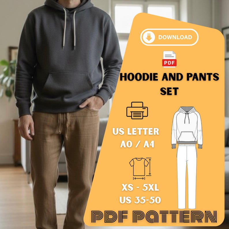 Peut inclure: Un sweat &agrave; capuche gris fonc&eacute; et un pantalon marron sont pr&eacute;sent&eacute;s. L'image comprend un graphique avec le texte "HOODIE AND PANTS SET" et "PDF PATTERN". Le graphique comprend &eacute;galement des informations de taille : XS-5XL et US 35-50.