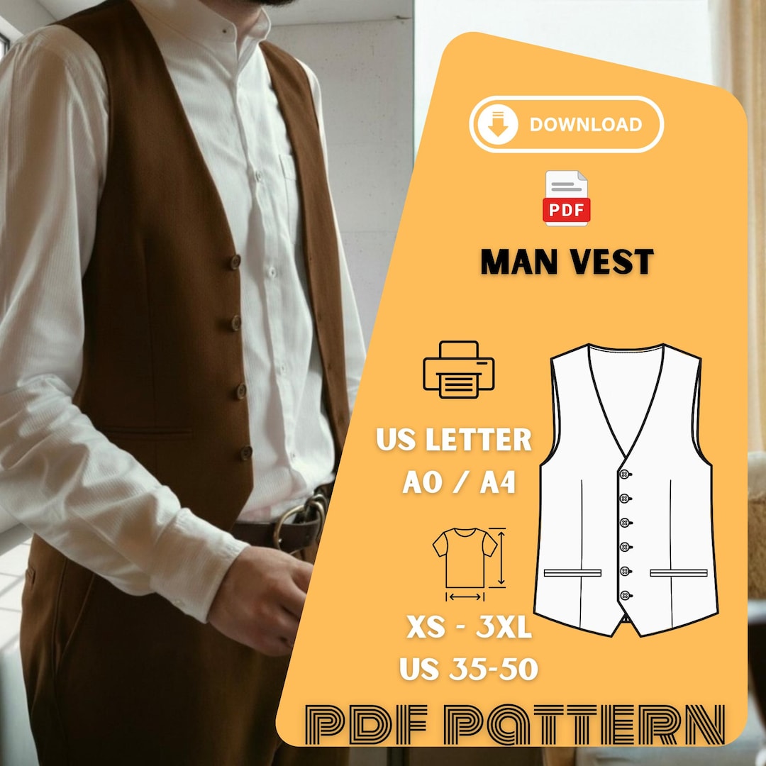 Men's Classic Lined Vest Sewing Pattern: Waistcoat With Pockets Retro ...